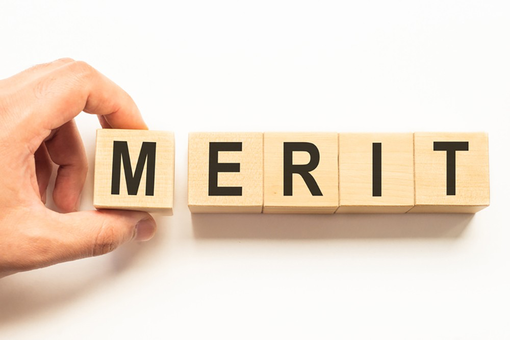 Wooden blocks spelling out merit.